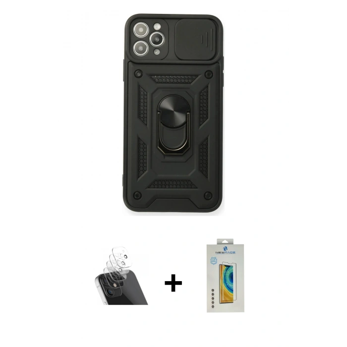MARSİLYAN™- iPhone 11 Pro Max Kılıf Ahenk Klasik - Siyah Polymer Nano Ekran Koruyucu + Şeffaf Kamera Lens Koruma Cam
