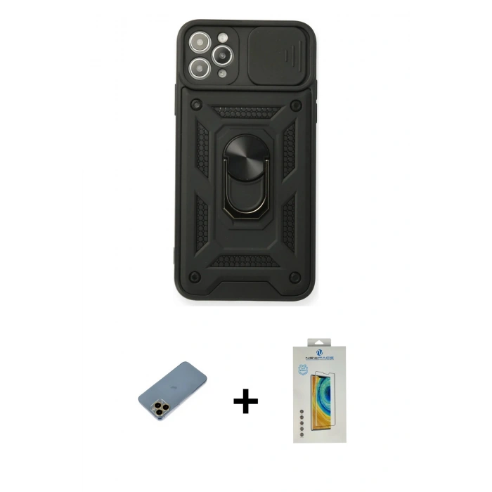 MARSİLYAN™- iPhone 11 Pro Max Kılıf Ahenk Klasik - Siyah Polymer Nano Ekran Koruyucu + Shine Kamera Lens Koruma Cam - GD