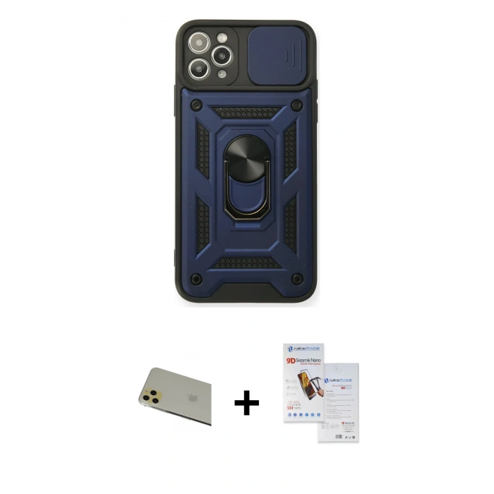 MARSİLYAN™- iPhone 11 Pro Max Kılıf Ahenk Klasik - Siyah Seramik Nano Ekran Koruyucu + Rainbow Kamera Lens Koruma Cam - GD