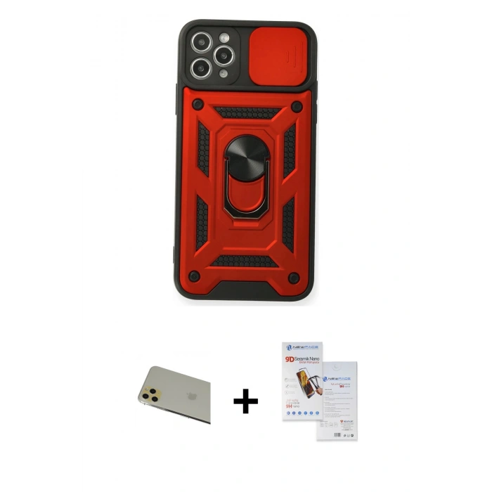 MARSİLYAN™- iPhone 11 Pro Max Kılıf Ahenk Klasik - Siyah Seramik Nano Ekran Koruyucu + Rainbow Kamera Lens Koruma Cam - GD