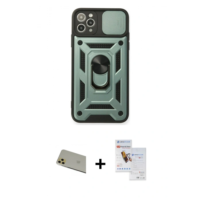 MARSİLYAN™- iPhone 11 Pro Max Kılıf Ahenk Klasik - Siyah Seramik Nano Ekran Koruyucu + Rainbow Kamera Lens Koruma Cam - GD