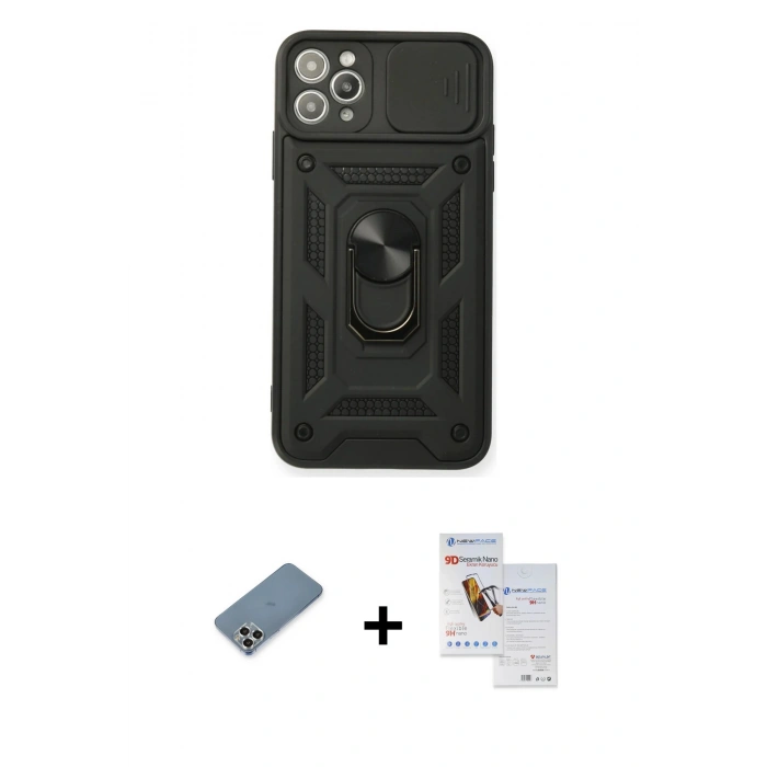 MARSİLYAN™- iPhone 11 Pro Max Kılıf Ahenk Klasik - Siyah Seramik Nano Ekran Koruyucu + Metal Kamera Lens Koruma Cam - GS