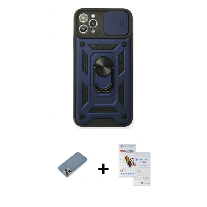 MARSİLYAN™- iPhone 11 Pro Max Kılıf Ahenk Klasik - Siyah Seramik Nano Ekran Koruyucu + Metal Kamera Lens Koruma Cam - GS