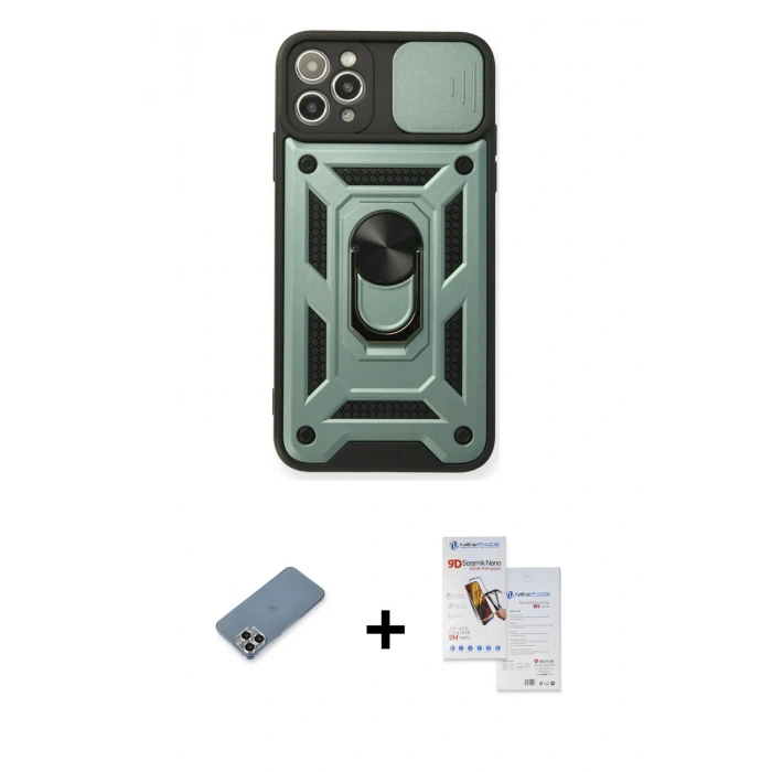 MARSİLYAN™- iPhone 11 Pro Max Kılıf Ahenk Klasik - Siyah Seramik Nano Ekran Koruyucu + Metal Kamera Lens Koruma Cam - GS