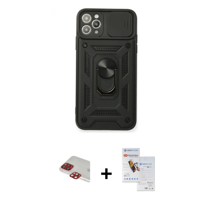 MARSİLYAN™- iPhone 11 Pro Max Kılıf Ahenk Klasik - Siyah Seramik Nano Ekran Koruyucu + Pers Alüminyum Kamera Lens - KI