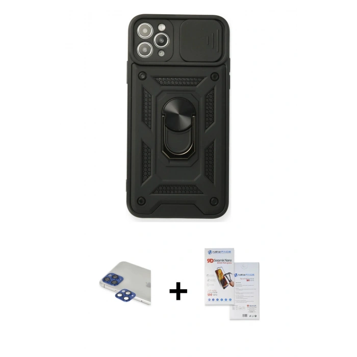 MARSİLYAN™- iPhone 11 Pro Max Kılıf Ahenk Klasik - Siyah Seramik Nano Ekran Koruyucu + Pers Alüminyum Kamera Lens - LT