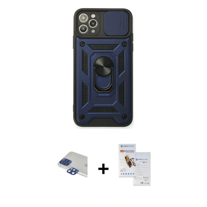MARSİLYAN™- iPhone 11 Pro Max Kılıf Ahenk Klasik - Siyah Seramik Nano Ekran Koruyucu + Pers Alüminyum Kamera Lens - LT