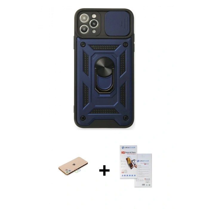 MARSİLYAN™- iPhone 11 Pro Max Kılıf Ahenk Klasik - Siyah Seramik Nano Ekran Koruyucu + Renkli Kamera Lens Koruma Cam - MI
