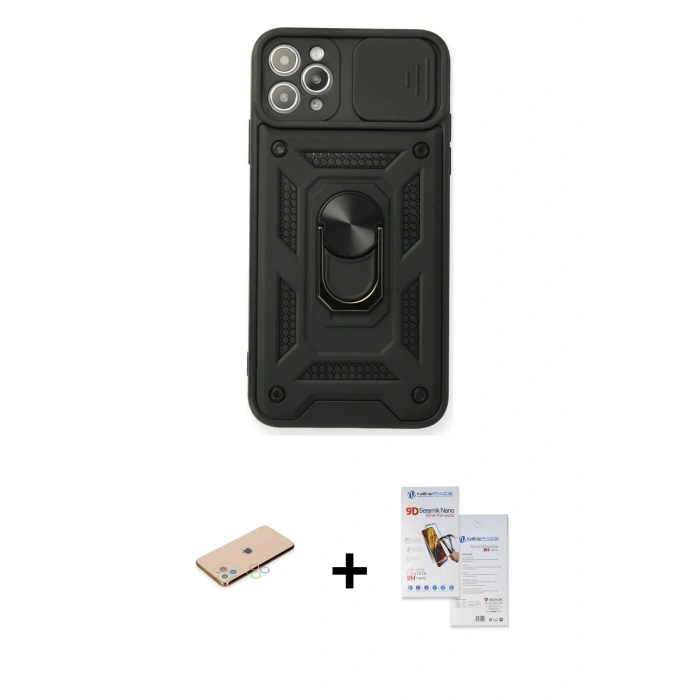 MARSİLYAN™- iPhone 11 Pro Max Kılıf Ahenk Klasik - Siyah Seramik Nano Ekran Koruyucu + Renkli Kamera Lens Koruma Cam - MI