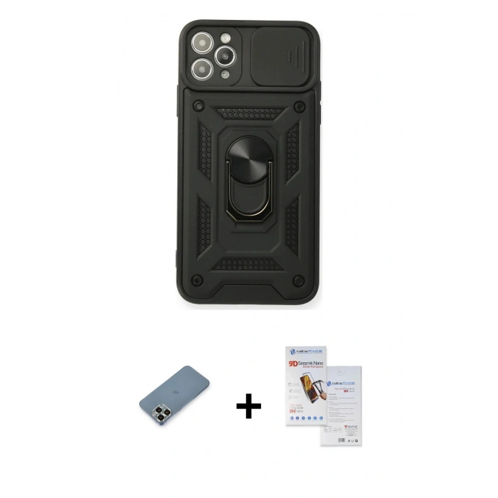 MARSİLYAN™- iPhone 11 Pro Max Kılıf Ahenk Klasik - Siyah Seramik Nano Ekran Koruyucu + Metal Kamera Lens Koruma Cam - AKYL