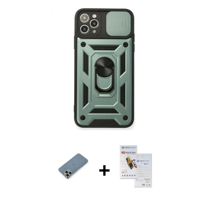 MARSİLYAN™- iPhone 11 Pro Max Kılıf Ahenk Klasik - Siyah Seramik Nano Ekran Koruyucu + Metal Kamera Lens Koruma Cam - AKYL