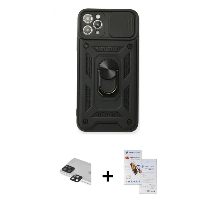 MARSİLYAN™- iPhone 11 Pro Max Kılıf Ahenk Klasik - Siyah Seramik Nano Ekran Koruyucu + Pers Alüminyum Kamera Lens - SH