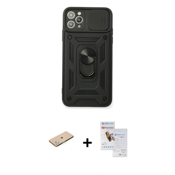 MARSİLYAN™- iPhone 11 Pro Max Kılıf Ahenk Klasik - Siyah Seramik Nano Ekran Koruyucu + Renkli Kamera Lens Koruma Cam - YL