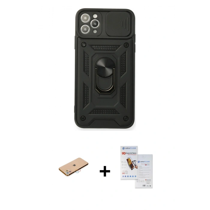 MARSİLYAN™- iPhone 11 Pro Max Kılıf Ahenk Klasik - Siyah Seramik Nano Ekran Koruyucu + Renkli Kamera Lens Koruma Cam - PE