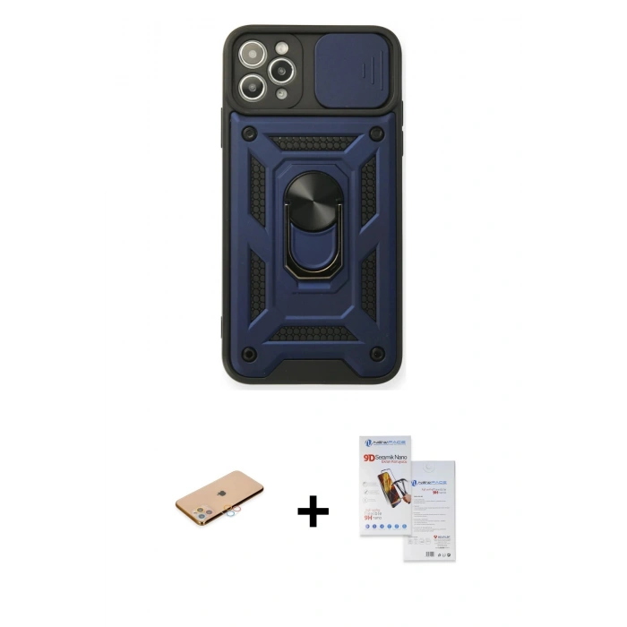 MARSİLYAN™- iPhone 11 Pro Max Kılıf Ahenk Klasik - Siyah Seramik Nano Ekran Koruyucu + Renkli Kamera Lens Koruma Cam - PE
