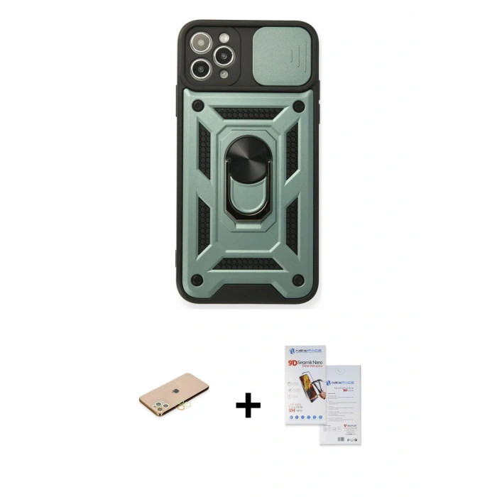 MARSİLYAN™- iPhone 11 Pro Max Kılıf Ahenk Klasik - Siyah Seramik Nano Ekran Koruyucu + Renkli Kamera Lens Koruma Cam - SI