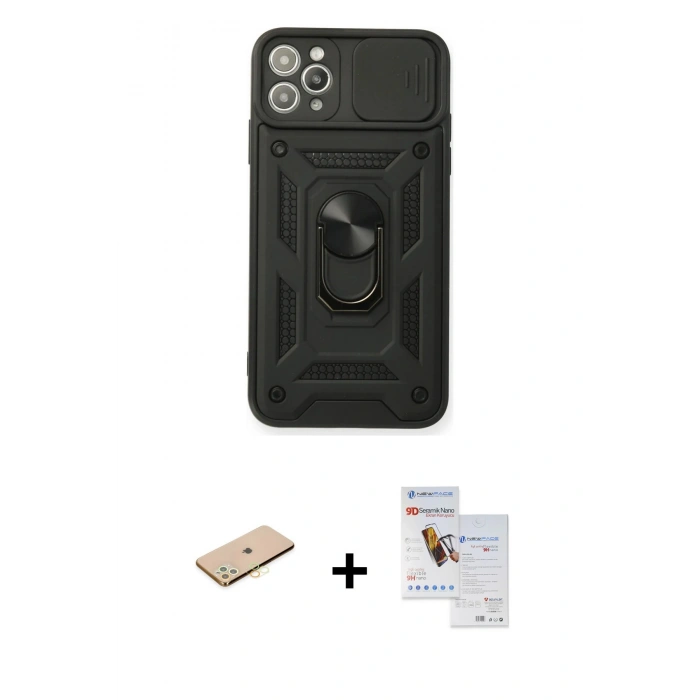 MARSİLYAN™- iPhone 11 Pro Max Kılıf Ahenk Klasik - Siyah Seramik Nano Ekran Koruyucu + Renkli Kamera Lens Koruma Cam - SI