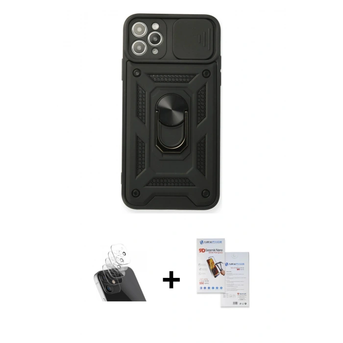 MARSİLYAN™- iPhone 11 Pro Max Kılıf Ahenk Klasik - Siyah Seramik Nano Ekran Koruyucu + Kamera Lens Koruma Cam - SF