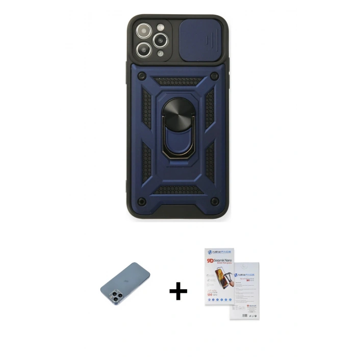 MARSİLYAN™- iPhone 11 Pro Max Kılıf Ahenk Klasik - Siyah Seramik Nano Ekran Koruyucu + Shine Kamera Lens Koruma Cam - SABE