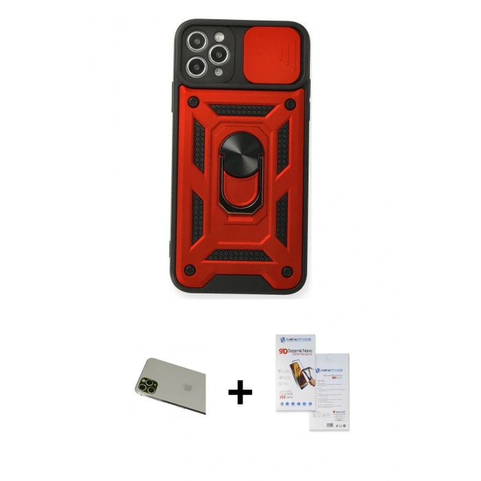 MARSİLYAN™- iPhone 11 Pro Max Kılıf Ahenk Klasik - Siyah Seramik Nano Ekran Koruyucu + Rainbow Kamera Lens Koruma Cam - YL