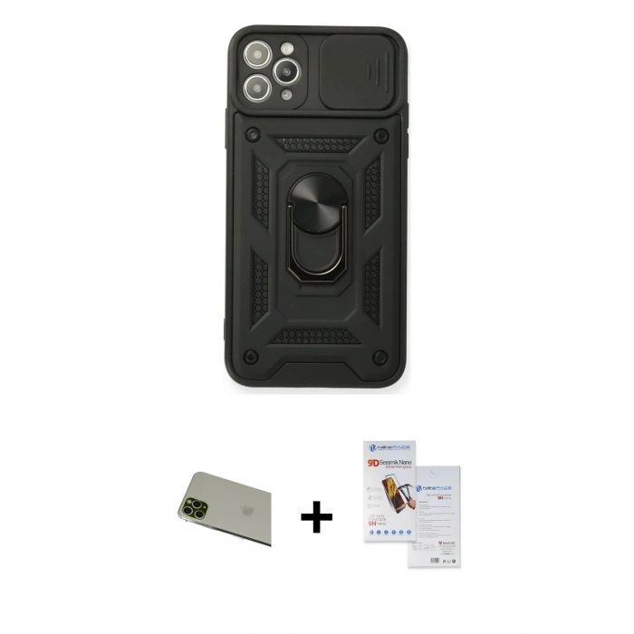 MARSİLYAN™- iPhone 11 Pro Max Kılıf Ahenk Klasik - Siyah Seramik Nano Ekran Koruyucu + Rainbow Kamera Lens Koruma Cam - YL
