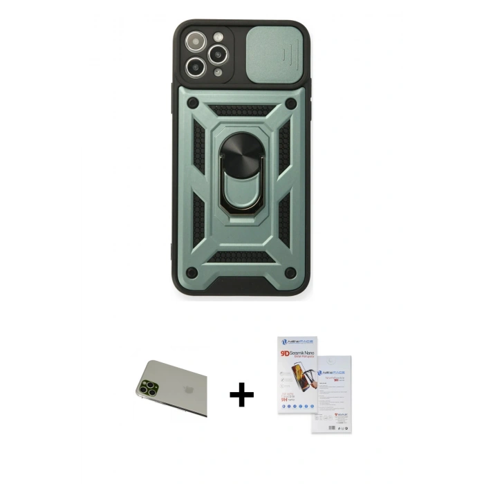 MARSİLYAN™- iPhone 11 Pro Max Kılıf Ahenk Klasik - Siyah Seramik Nano Ekran Koruyucu + Rainbow Kamera Lens Koruma Cam - YL