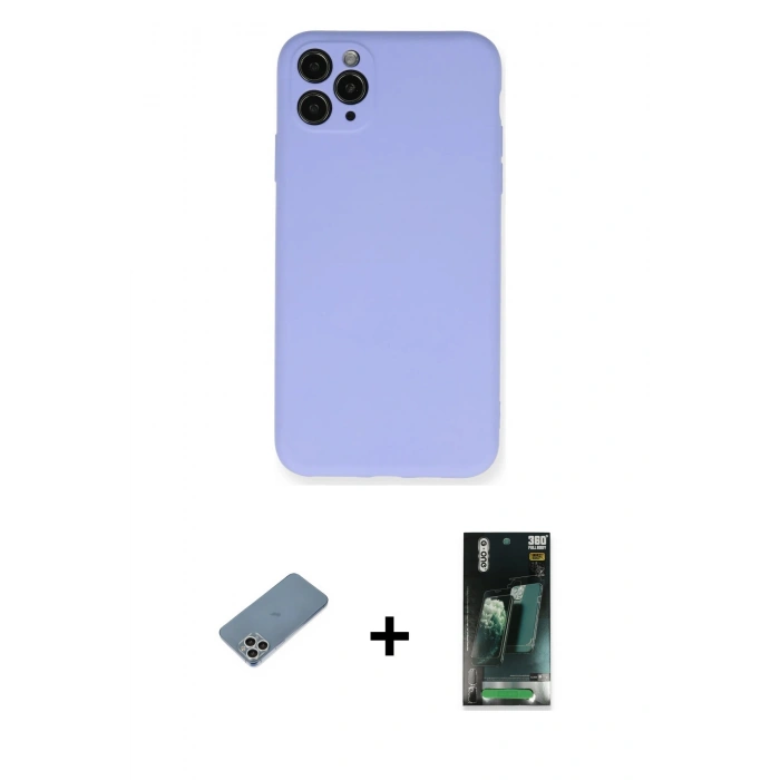 MARSİLYAN™- iPhone 11 Pro Max Kılıf Ahenk Serisi - Şeffaf 360 Full Body Arka Koruyucu + Gümüş Shine Kamera Lens Koruma Cam