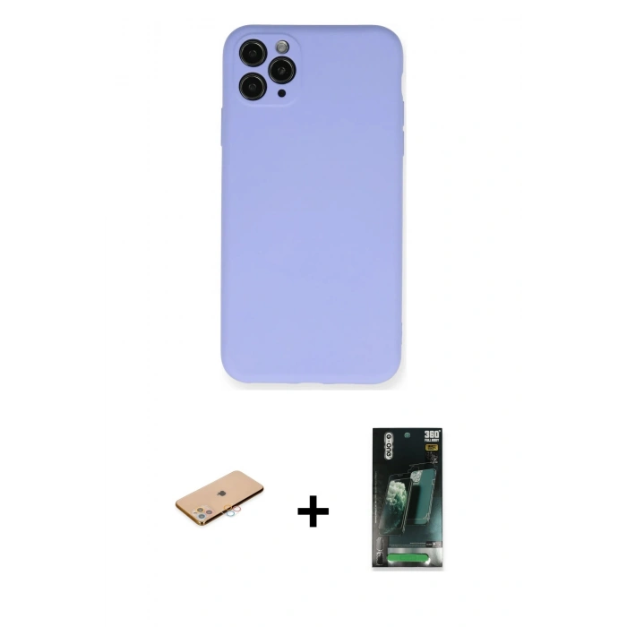 MARSİLYAN™- iPhone 11 Pro Max Kılıf Ahenk Serisi - Şeffaf 360 Full Body Arka Koruyucu + Renkli Kamera Lens Koruma Cam - PE