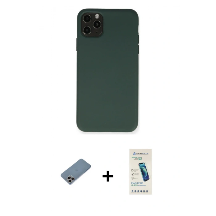 MARSİLYAN™- iPhone 11 Pro Max Kılıf Ahenk Serisi - Şeffaf Pasifik Cam Ekran Koruyucu + Gökkuşağı Shine Kamera Lens Koruma Cam