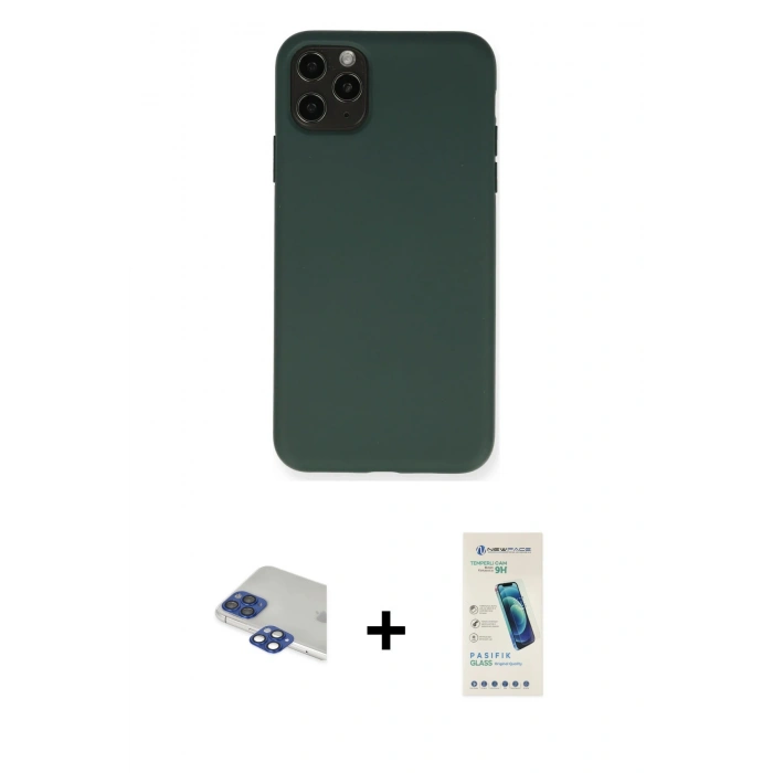 MARSİLYAN™- iPhone 11 Pro Max Kılıf Ahenk Serisi - Şeffaf Pasifik Cam Ekran Koruyucu + Pers Alüminyum Kamera Lens - LT