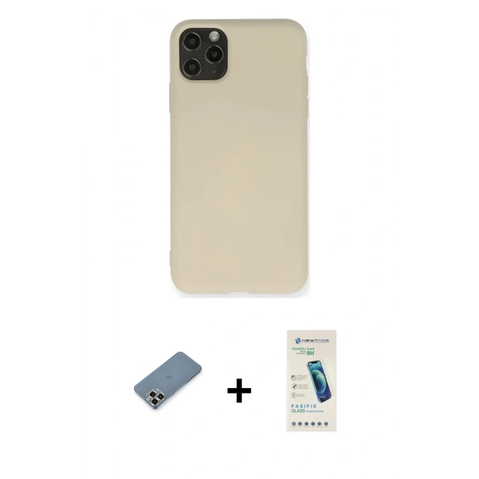 MARSİLYAN™- iPhone 11 Pro Max Kılıf Ahenk Serisi - Şeffaf Pasifik Cam Ekran Koruyucu + Metal Kamera Lens Koruma Cam - AKYL