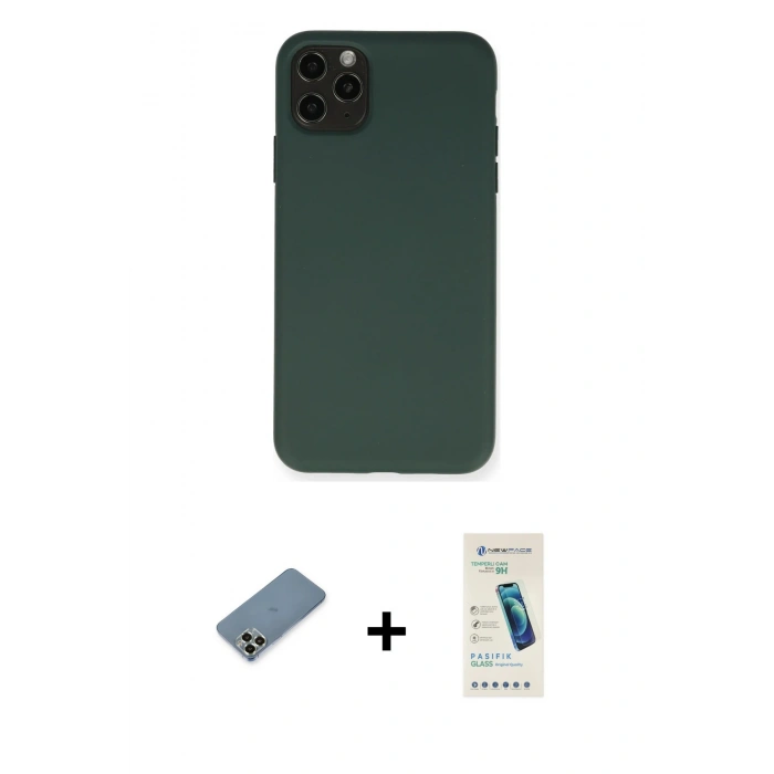 MARSİLYAN™- iPhone 11 Pro Max Kılıf Ahenk Serisi - Şeffaf Pasifik Cam Ekran Koruyucu + Metal Kamera Lens Koruma Cam - AKYL