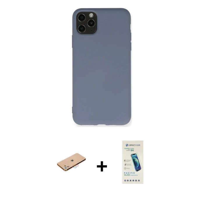 MARSİLYAN™- iPhone 11 Pro Max Kılıf Ahenk Serisi - Şeffaf Pasifik Cam Ekran Koruyucu + Renkli Kamera Lens Koruma Cam - PE