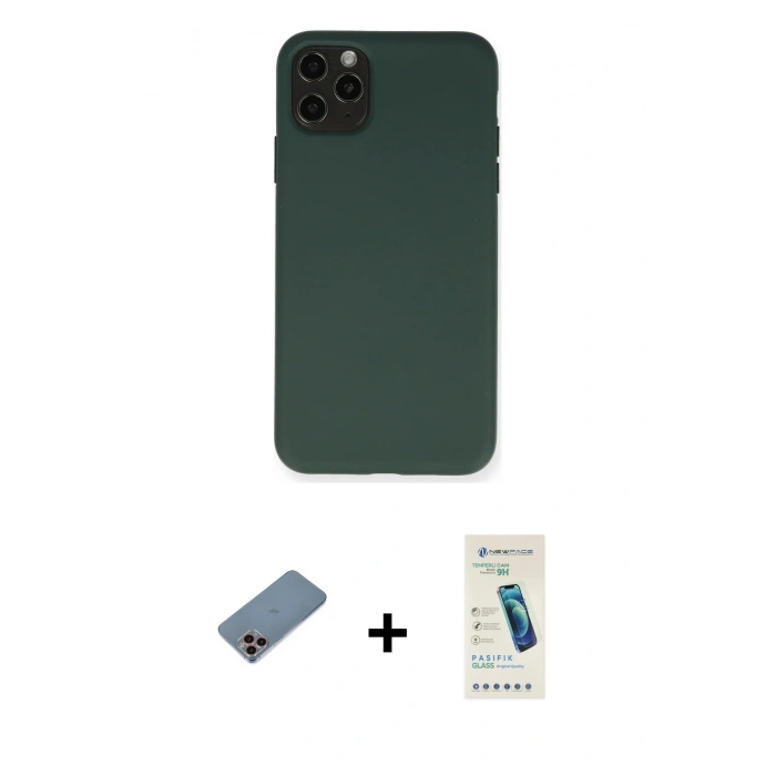 MARSİLYAN™- iPhone 11 Pro Max Kılıf Ahenk Serisi - Şeffaf Pasifik Cam Ekran Koruyucu + Shine Kamera Lens Koruma Cam - PE