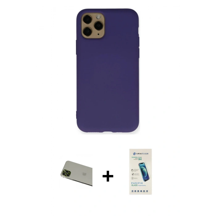 MARSİLYAN™- iPhone 11 Pro Max Kılıf Ahenk Serisi - Şeffaf Pasifik Cam Ekran Koruyucu + Rainbow Kamera Lens Koruma Cam - YL