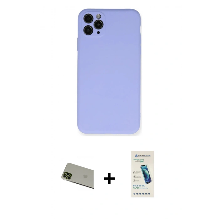MARSİLYAN™- iPhone 11 Pro Max Kılıf Ahenk Serisi - Şeffaf Pasifik Cam Ekran Koruyucu + Rainbow Kamera Lens Koruma Cam - YL