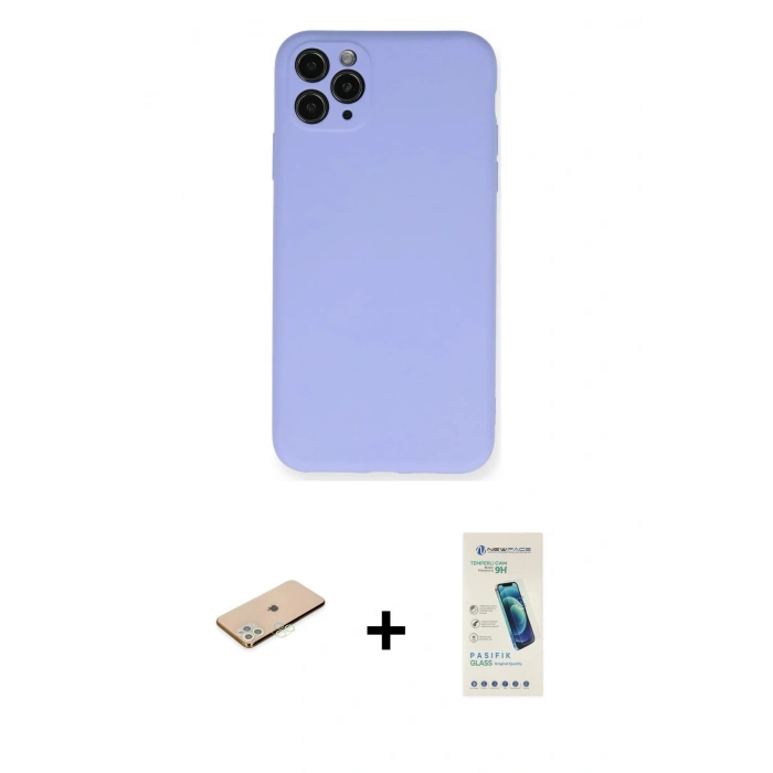 MARSİLYAN™- iPhone 11 Pro Max Kılıf Ahenk Serisi - Şeffaf Pasifik Cam Ekran Koruyucu + Renkli Kamera Lens Koruma Cam - YL