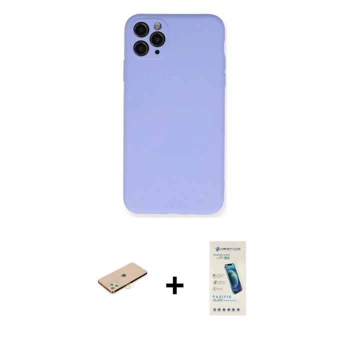 MARSİLYAN™- iPhone 11 Pro Max Kılıf Ahenk Serisi - Şeffaf Pasifik Cam Ekran Koruyucu + Renkli Kamera Lens Koruma Cam - SI