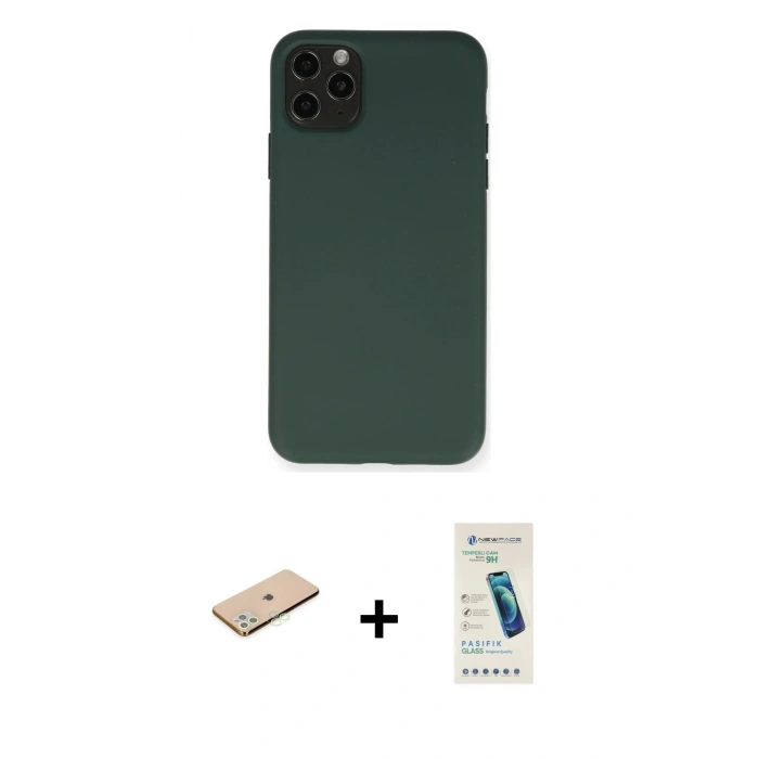 MARSİLYAN™- iPhone 11 Pro Max Kılıf Ahenk Serisi - Şeffaf Pasifik Cam Ekran Koruyucu + Renkli Kamera Lens Koruma Cam - YL