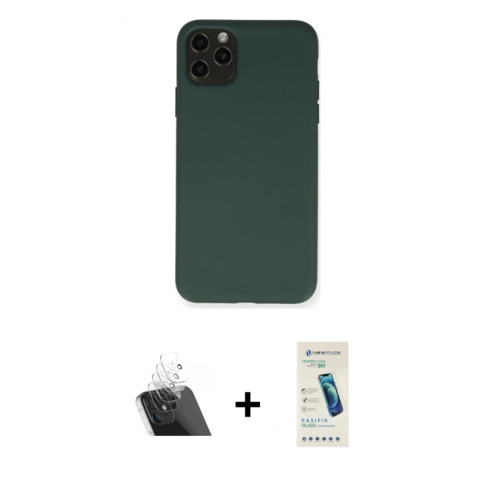 MARSİLYAN™- iPhone 11 Pro Max Kılıf Ahenk Serisi - Şeffaf Pasifik Cam Ekran Koruyucu + Şeffaf Kamera Lens Koruma Cam