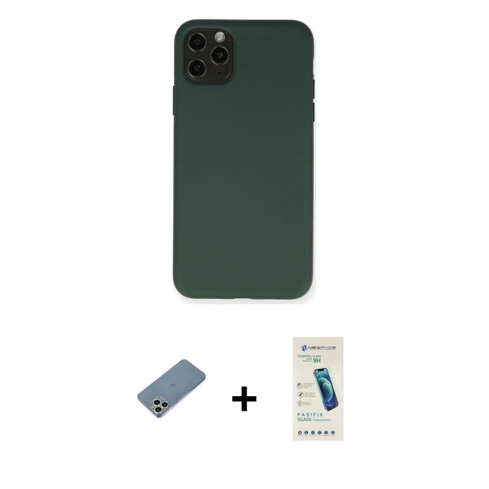 MARSİLYAN™- iPhone 11 Pro Max Kılıf Ahenk Serisi - Şeffaf Pasifik Cam Ekran Koruyucu + Shine Kamera Lens Koruma Cam - GS