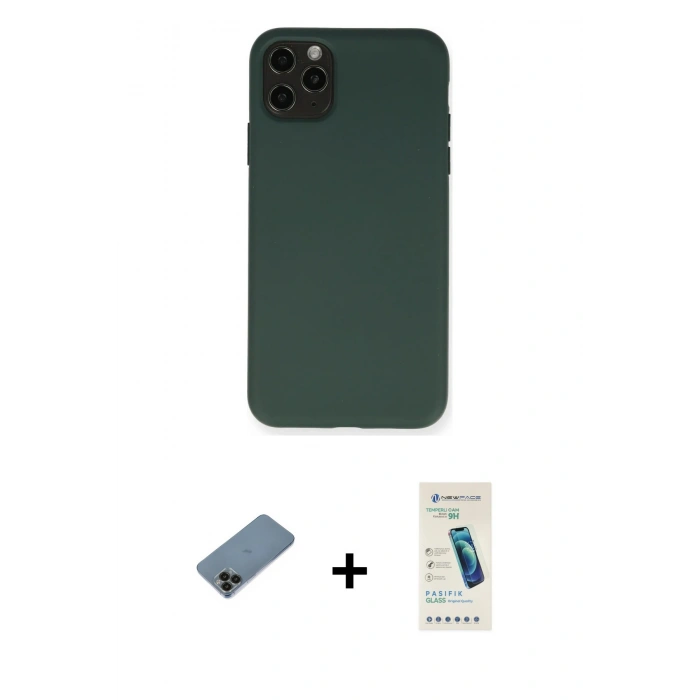 MARSİLYAN™- iPhone 11 Pro Max Kılıf Ahenk Serisi - Şeffaf Pasifik Cam Ekran Koruyucu + Shine Kamera Lens Koruma Cam - SH