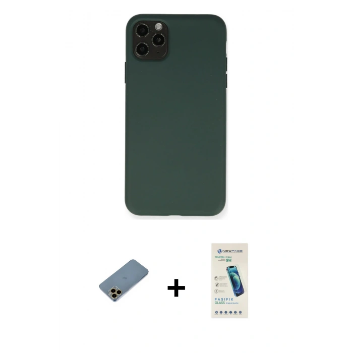 MARSİLYAN™- iPhone 11 Pro Max Kılıf Ahenk Serisi - Şeffaf Pasifik Cam Ekran Koruyucu + Shine Kamera Lens Koruma Cam - GD
