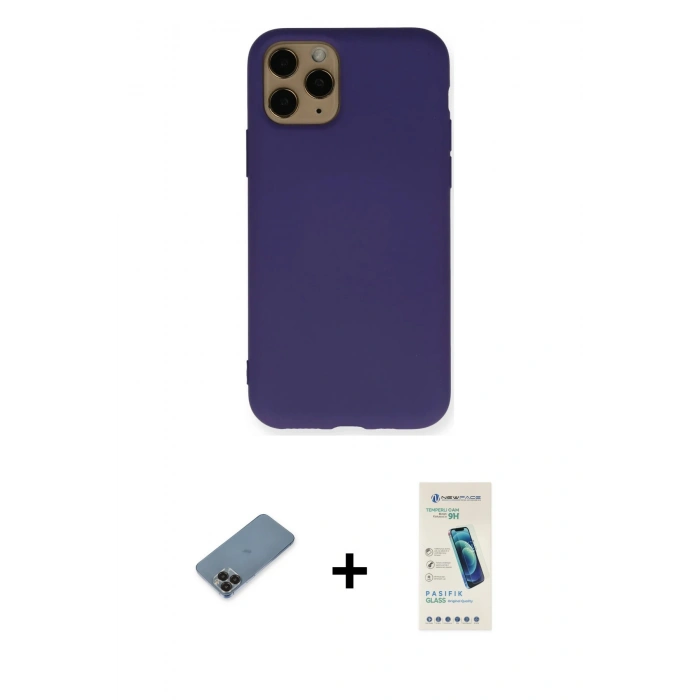 MARSİLYAN™- iPhone 11 Pro Max Kılıf Ahenk Serisi - Şeffaf Pasifik Cam Ekran Koruyucu + Metal Kamera Lens Koruma Cam - SH
