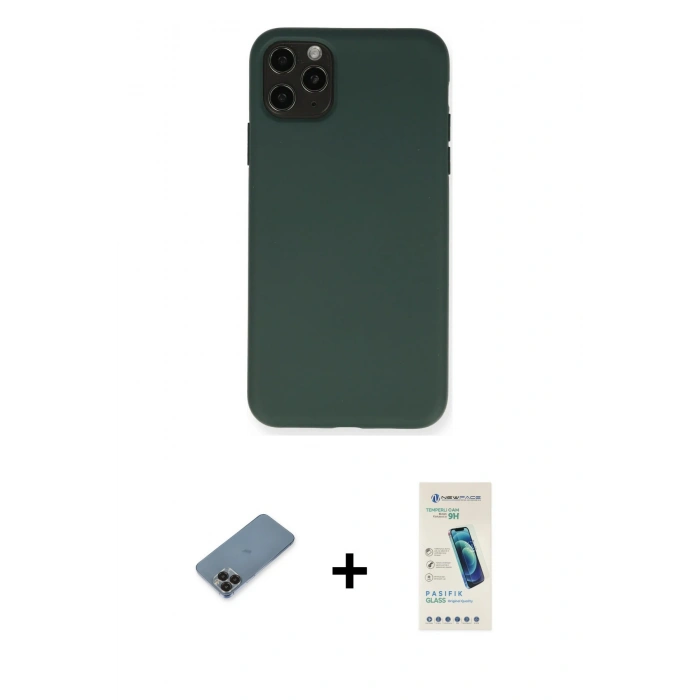 MARSİLYAN™- iPhone 11 Pro Max Kılıf Ahenk Serisi - Şeffaf Pasifik Cam Ekran Koruyucu + Metal Kamera Lens Koruma Cam - SH