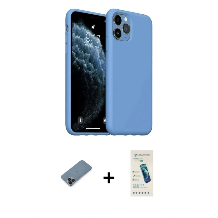 MARSİLYAN™- iPhone 11 Pro Max Kılıf Ahenk Serisi - Şeffaf Pasifik Cam Ekran Koruyucu + Metal Kamera Lens Koruma Cam - SH
