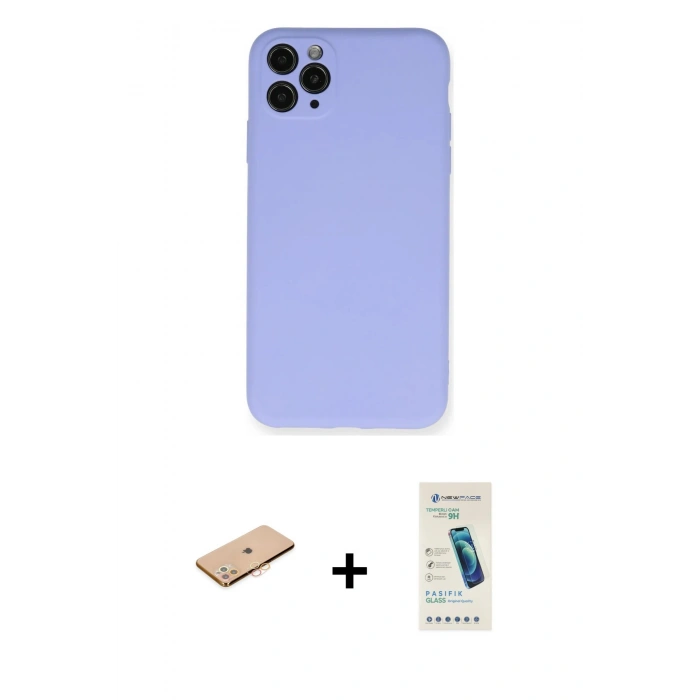 MARSİLYAN™- iPhone 11 Pro Max Kılıf Ahenk Serisi - Şeffaf Pasifik Cam Ekran Koruyucu + Renkli Kamera Lens Koruma Cam - TU
