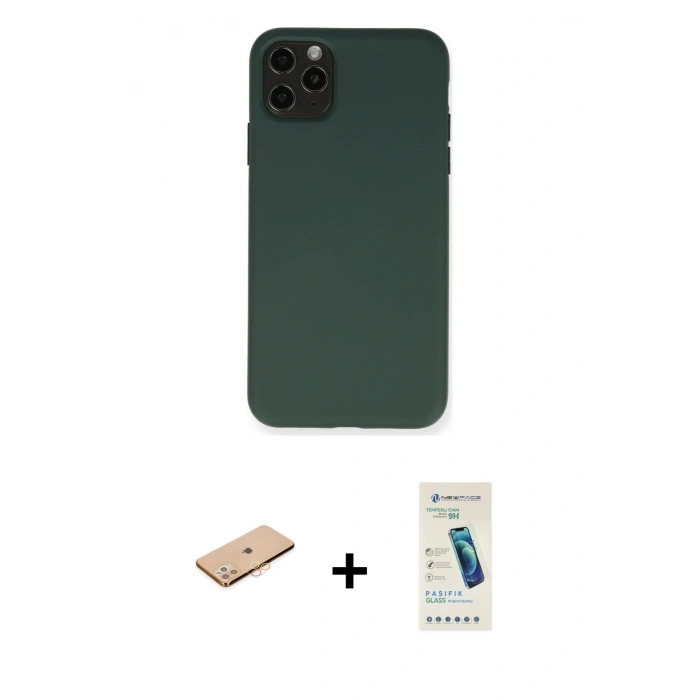 MARSİLYAN™- iPhone 11 Pro Max Kılıf Ahenk Serisi - Şeffaf Pasifik Cam Ekran Koruyucu + Renkli Kamera Lens Koruma Cam - TU