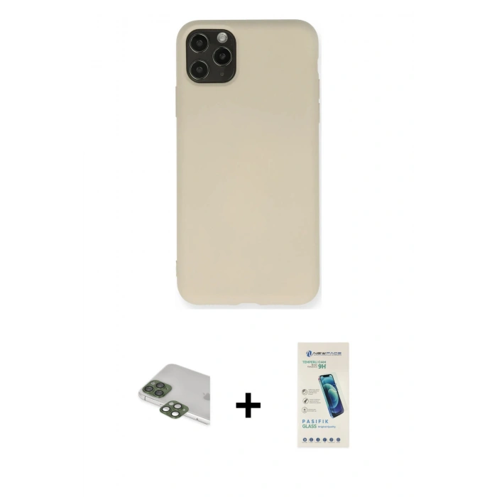 MARSİLYAN™- iPhone 11 Pro Max Kılıf Ahenk Serisi - Şeffaf Pasifik Cam Ekran Koruyucu + Yeşil Pers Alüminyum Kamera Lens