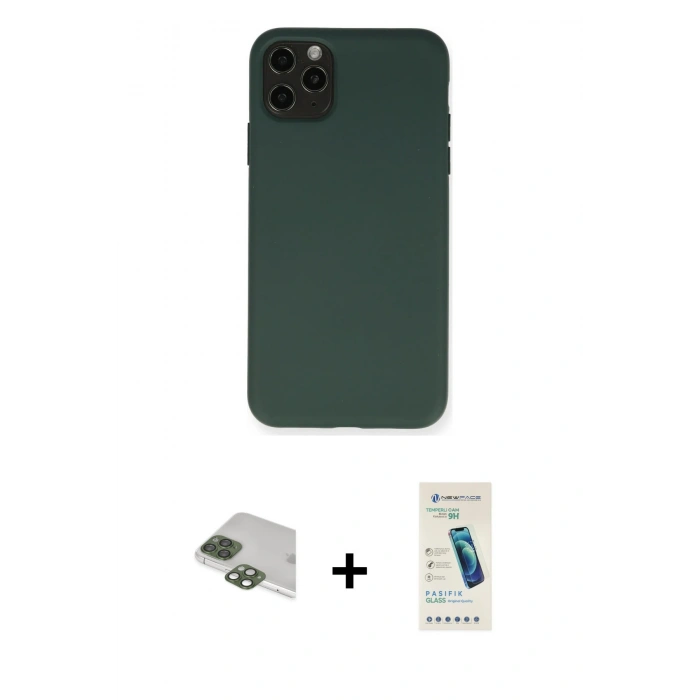 MARSİLYAN™- iPhone 11 Pro Max Kılıf Ahenk Serisi - Şeffaf Pasifik Cam Ekran Koruyucu + Yeşil Pers Alüminyum Kamera Lens